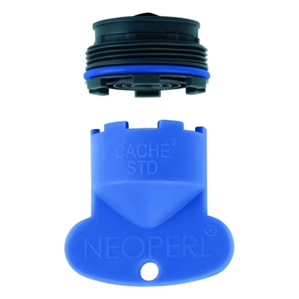 Blaues Zubehörteil von Grohe, bestehend aus einem oberen und einem unteren Teil. Das Teil scheint für eine Armatur konzipiert zu sein, wahrscheinlich ein Mousseur oder Adapter.