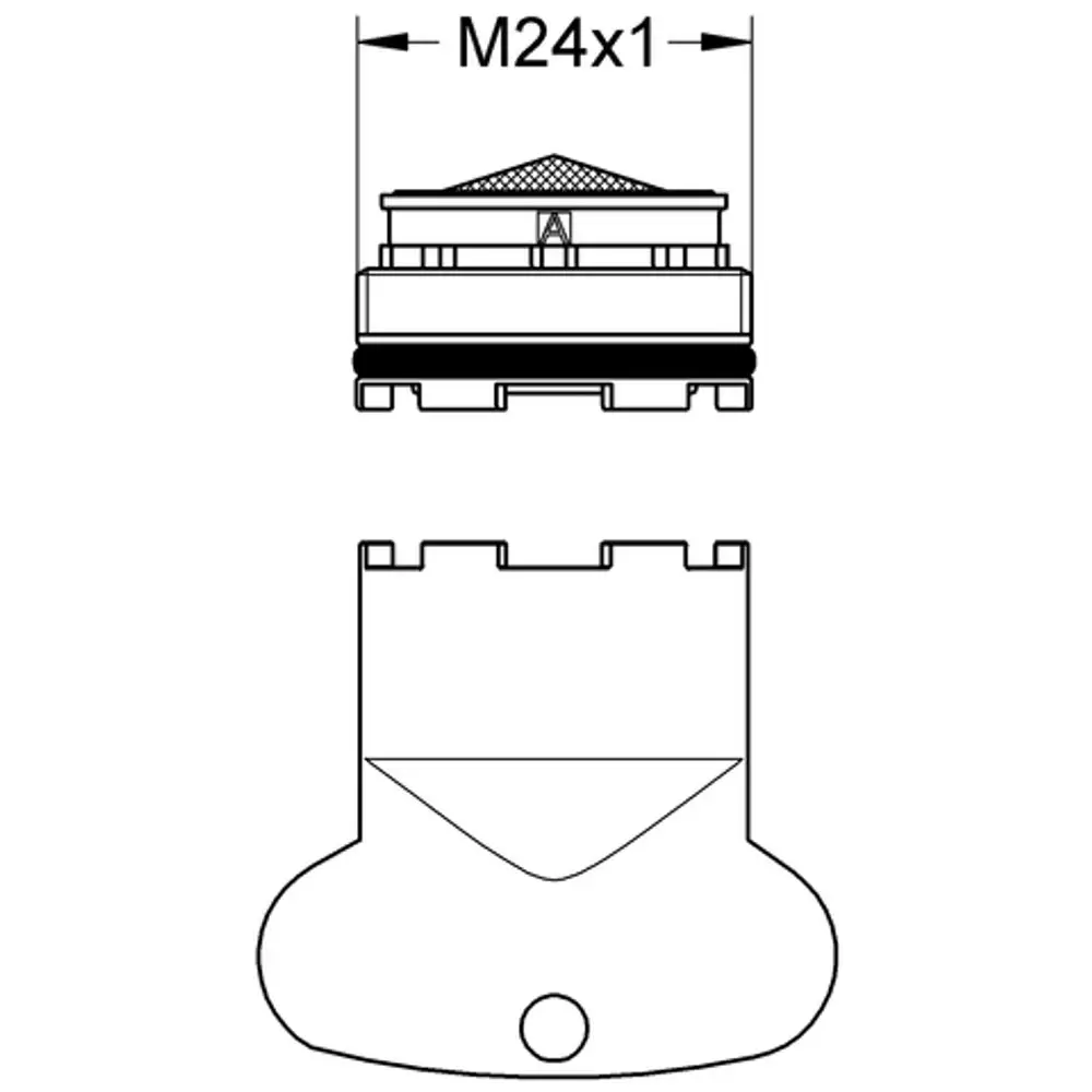 GROHE Mousseur mit runder Form, Ansicht von oben und Seite, Anschluss M24x1, geeignet für Wannenbatterie. Detailzeichnung zeigt Konstruktion und Design.