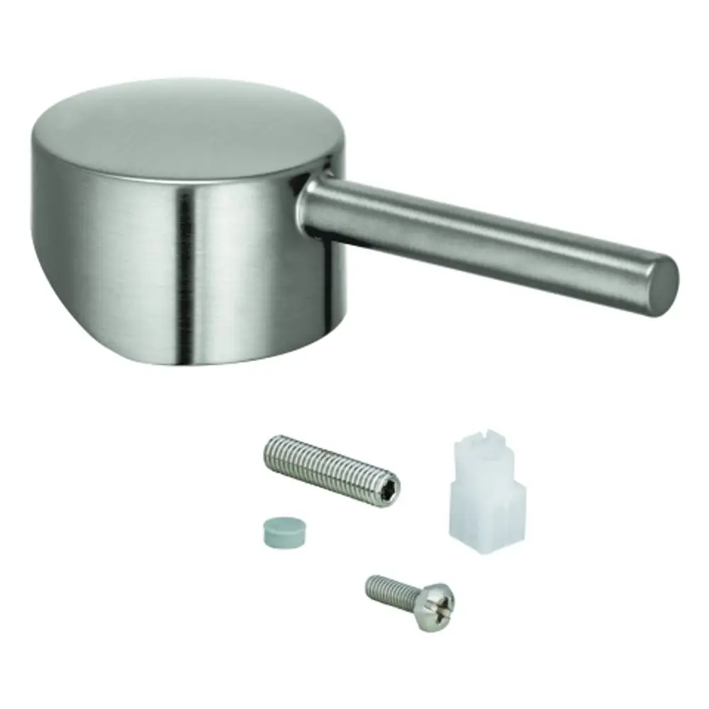 GROHE Hebel aus Edelstahl mit rundem Kopf und langem Griff, begleitet von Schrauben und einem Kunststoffteil zur Befestigung.