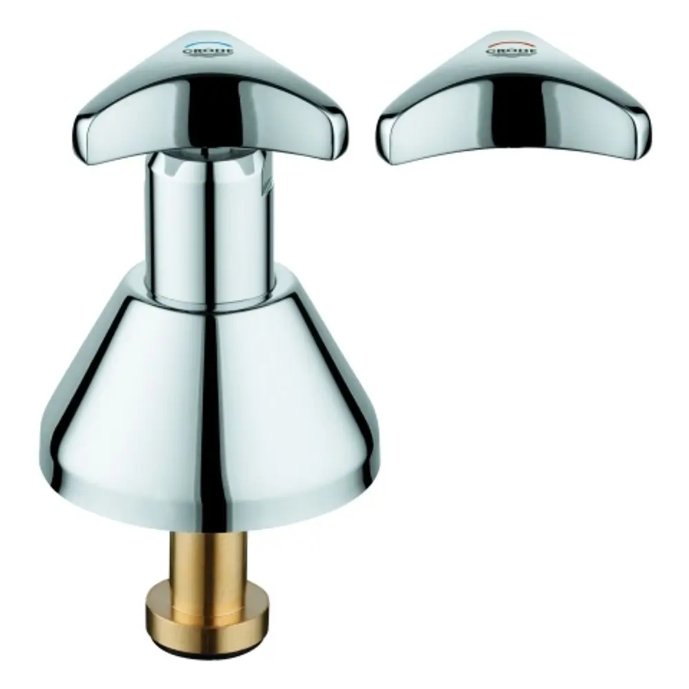 Grohe Wasserhahnteil mit verchromter Oberfläche und zwei Bedienelementen in Form von Kappen. Unterseite aus Messing.
