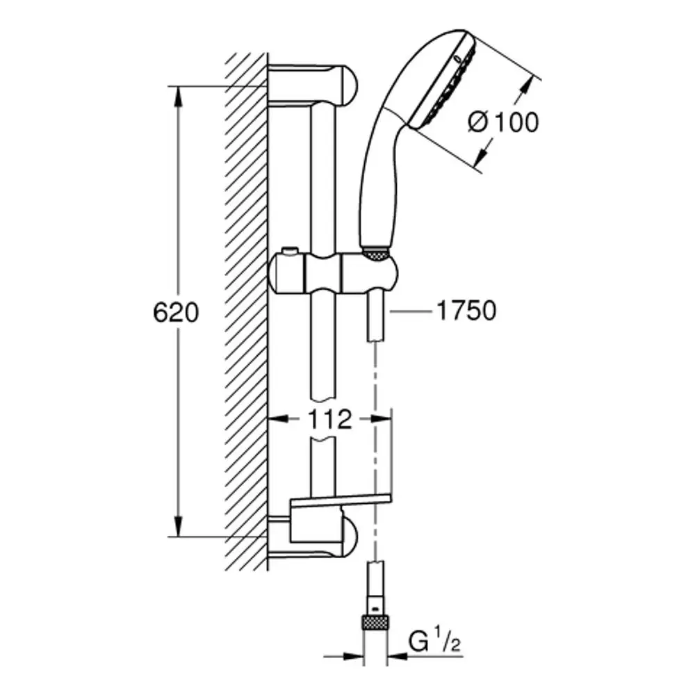 Grohe Handbrause mit verchromtem Finish und Ablage, befestigt an einer Wand, mit klaren Maßen in der technischen Zeichnung.