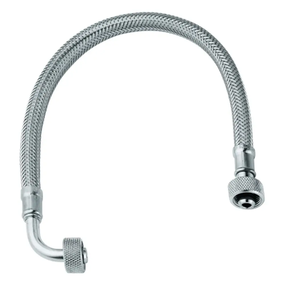 Flexibler Metall-Schlauch von Grohe mit zwei Anschlüssen, einer mit 90-Grad-Biegung, geeignet für Sanitärinstallationen.