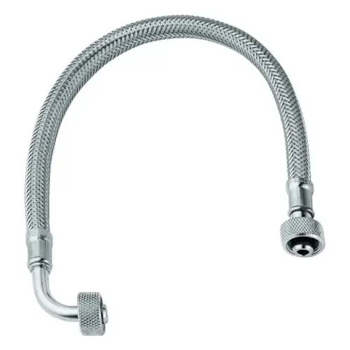 Flexibler Metall-Schlauch von Grohe mit zwei Anschlüssen, einer mit 90-Grad-Biegung, geeignet für Sanitärinstallationen.