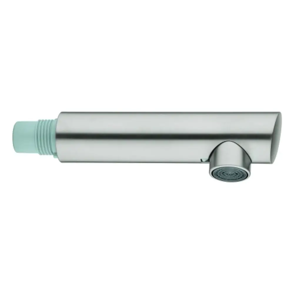 Grohe Auslaufbrause in schlichten, grauen und metallischen Tönen mit Anschlussgewinde auf der einen Seite und Wasserauslass auf der anderen Seite.