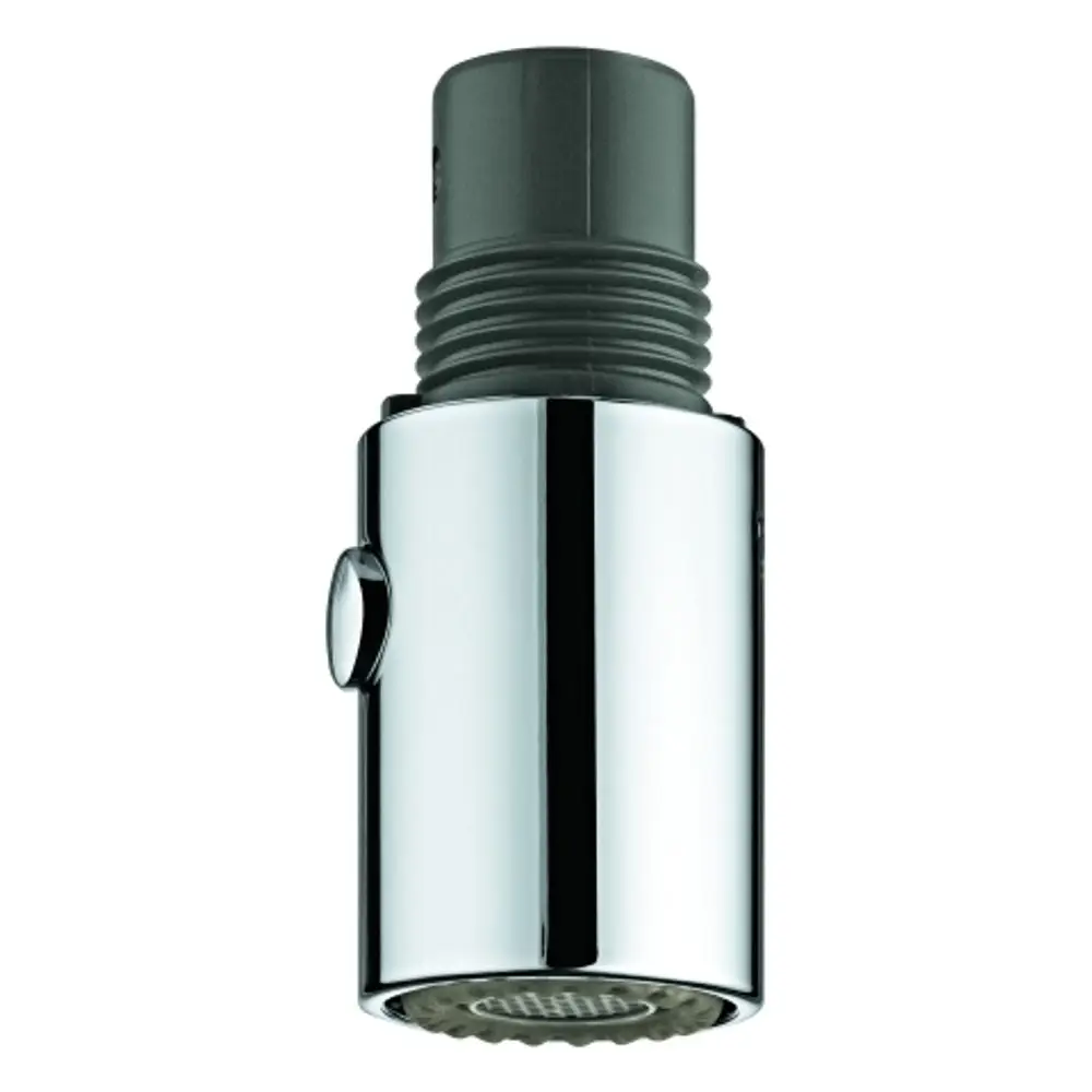 GROHE Spülbrause in chrom, zylindrische Form mit seitlichem Druckknopf und strukturiertem Auslass. Geeignet für Bad- oder Kücheninstallationen.