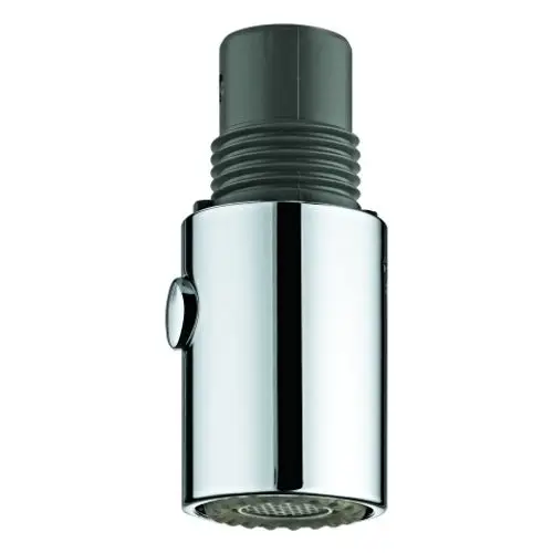 GROHE Spülbrause in chrom, zylindrische Form mit seitlichem Druckknopf und strukturiertem Auslass. Geeignet für Bad- oder Kücheninstallationen.