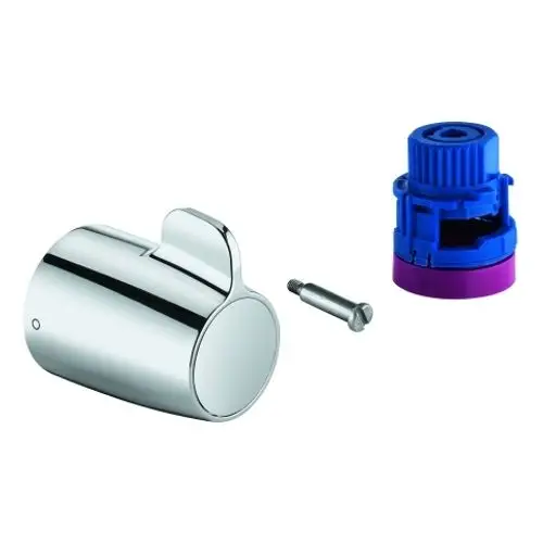 Grohe Absperrgriff in glänzendem Chrom für ein Wand-Wannenthermostat, begleitet von einem Zubehörteil in blau und lila sowie einer Schraube.