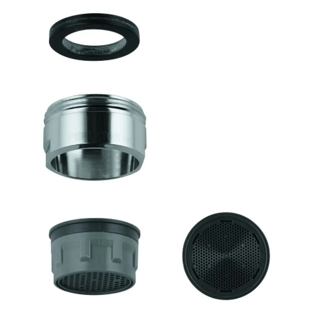 Vierteiliger Grohe Laminar-Strahlregler bestehend aus einem äußeren Metallring, einem mittleren Einsatz, einer Dichtung und einer perforierten Abdeckung.