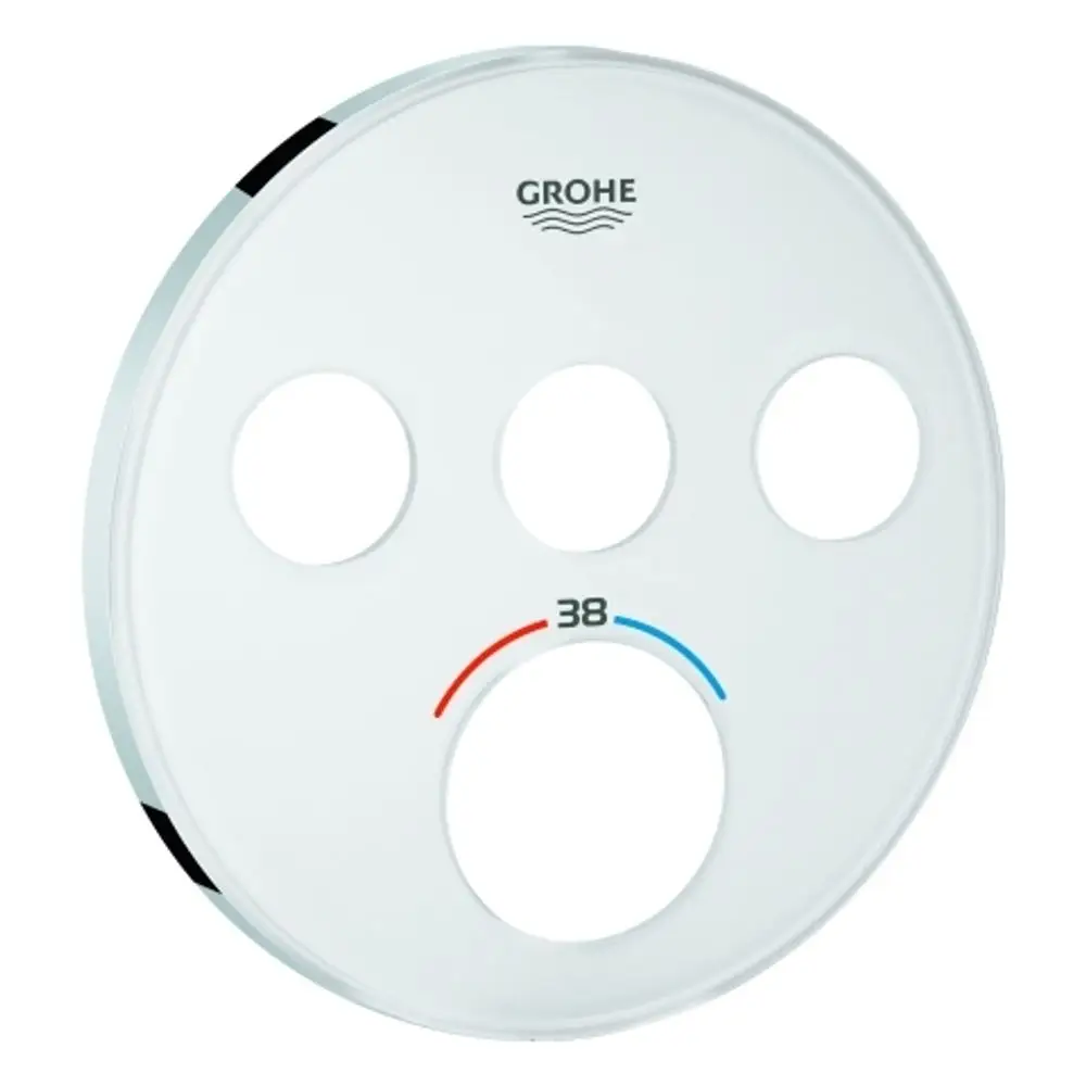 Runde Rosette in moon white von Grohe mit drei Ausschnitten und Temperaturanzeige in Rot und Blau, passend für SmartControl UP-THM.