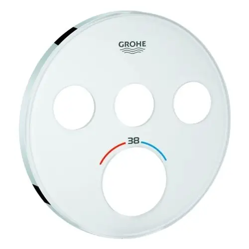Runde Rosette in moon white von Grohe mit drei Ausschnitten und Temperaturanzeige in Rot und Blau, passend für SmartControl UP-THM.