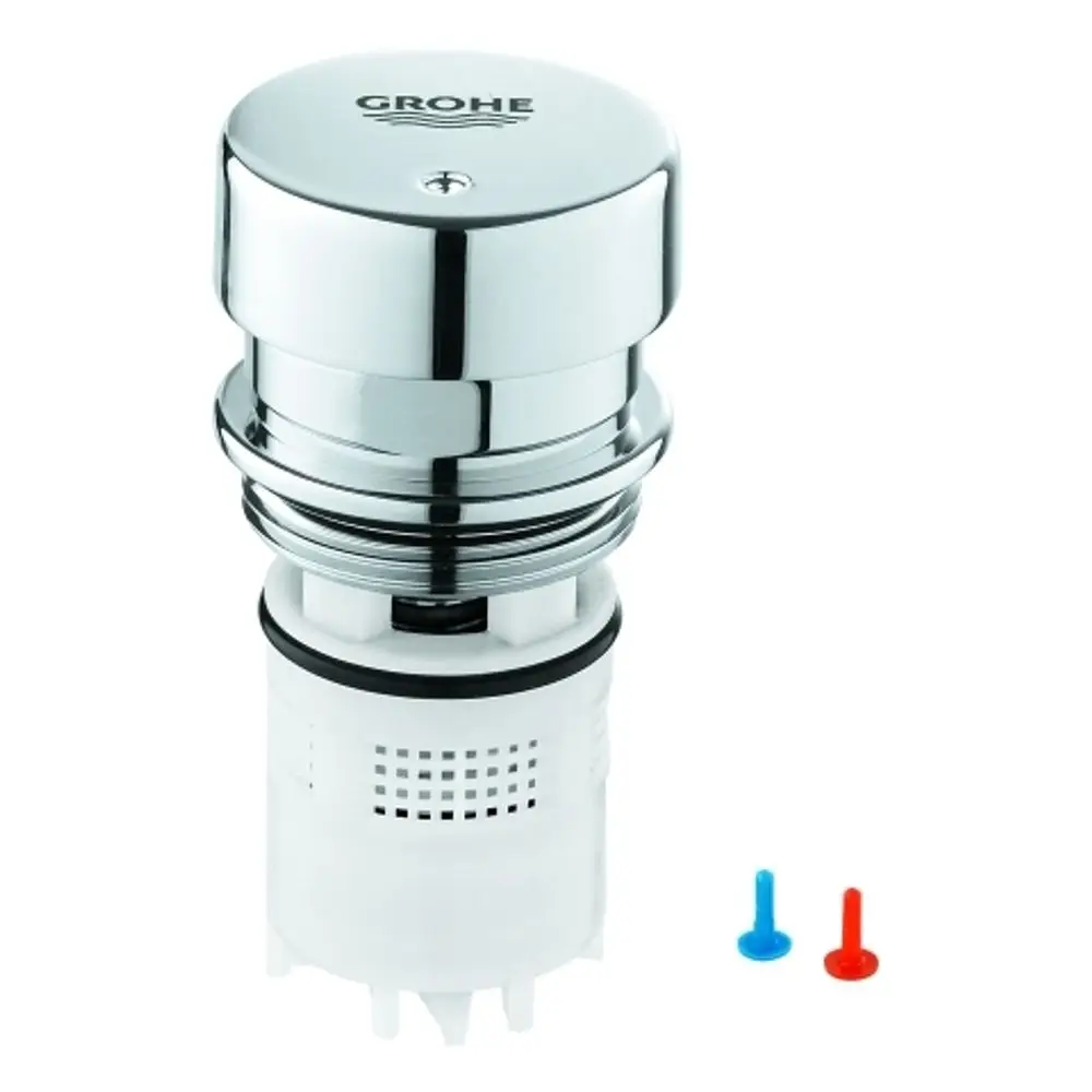 GROHE Kartusche mit metallischem Griff und weißem Unterteil, ausgestattet mit zwei farbigen Markern. Ideal für Sanitäranwendungen.