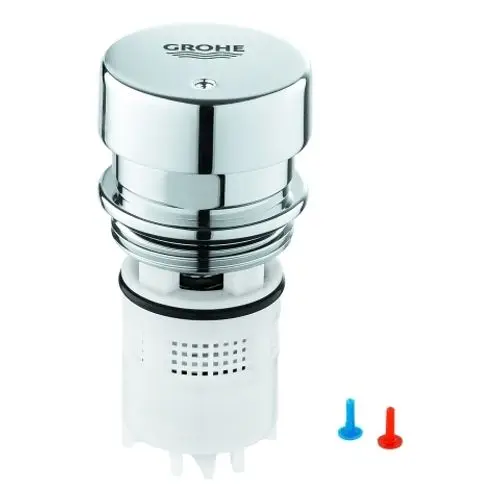 GROHE Kartusche mit metallischem Griff und weißem Unterteil, ausgestattet mit zwei farbigen Markern. Ideal für Sanitäranwendungen.