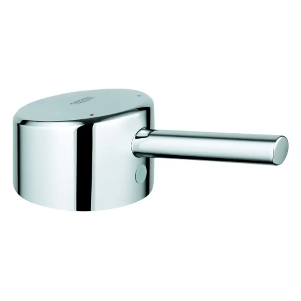 Chromfarbener Hebel von Grohe, mit einer runden Oberseite und einem langen, zylindrischen Griff. Zwei farbige Markierungen für die Temperaturregelung sind sichtbar.