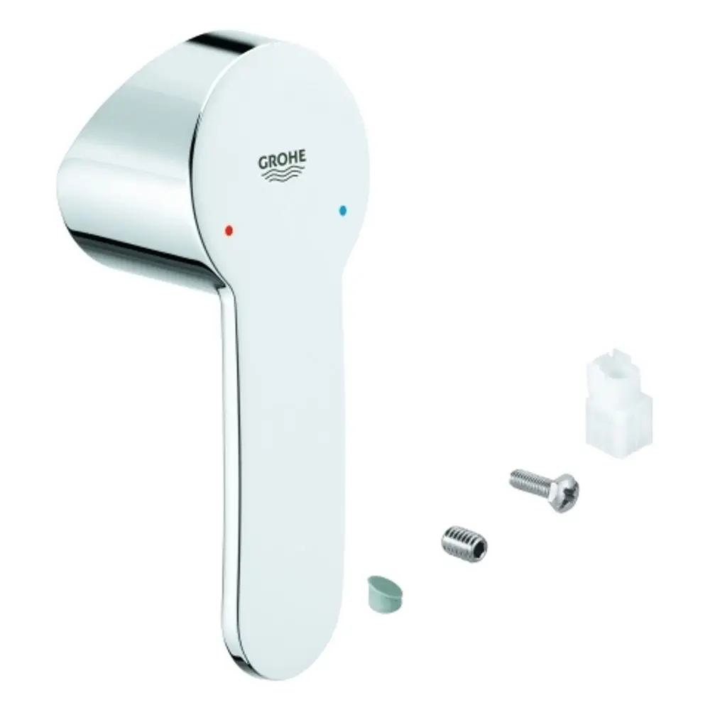 Weißer Hebel von Grohe mit rotem und blauem Punkt zur Temperaturanzeige, daneben verschiedene Befestigungsteile.