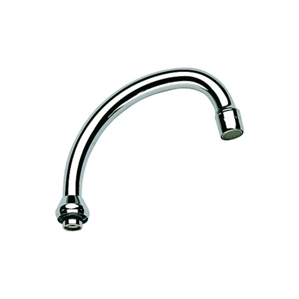 Chromfarbener Auslauf von Grohe mit gebogenem Design, geeignet für Wasseranschlüsse und Armaturen. Er verfügt über ein gleichmäßiges, glänzendes Finish.