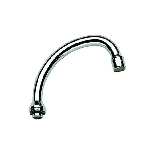 Chromfarbener Auslauf von Grohe mit gebogenem Design, geeignet für Wasseranschlüsse und Armaturen. Er verfügt über ein gleichmäßiges, glänzendes Finish.