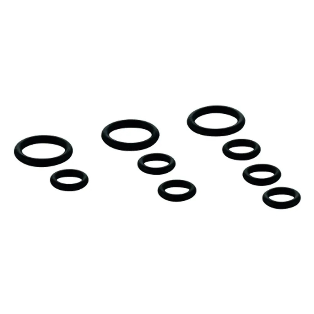 Set aus schwarzen Dichtungsringen, unterschiedlich groß verteilt, geeignet für Anwendungen im Sanitärbereich. Grohe-Produkte bieten langlebige Lösungen für Rohrinstallationen.
