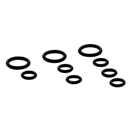 Set aus schwarzen Dichtungsringen, unterschiedlich groß verteilt, geeignet für Anwendungen im Sanitärbereich. Grohe-Produkte bieten langlebige Lösungen für Rohrinstallationen.