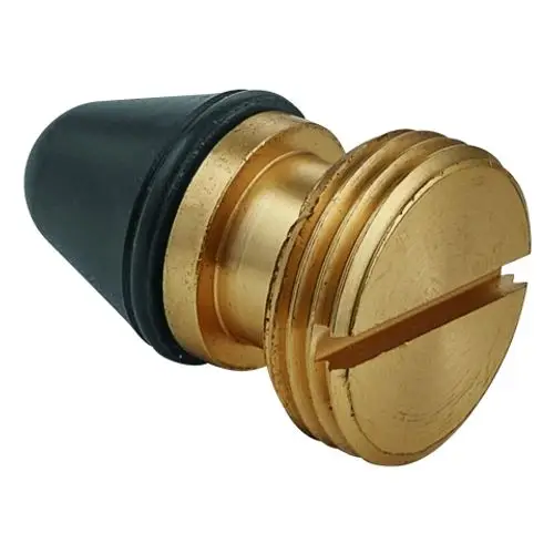GROHE-Produkt mit einem goldenen, runden Verschluss und einer gummierten schwarzen Dichtung, das als Teil einer Wasserabsperrvorrichtung verwendet wird.