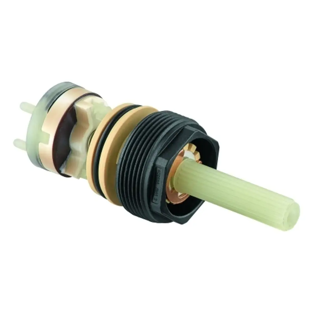 GROHE Bauteil mit zwei Anschlüssen und transparentem Röhrenelement. Geeignet für Thermostat-Batterien. Schwarze und goldene Kunststoffteile sichtbar.
