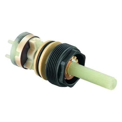 GROHE Bauteil mit zwei Anschlüssen und transparentem Röhrenelement. Geeignet für Thermostat-Batterien. Schwarze und goldene Kunststoffteile sichtbar.