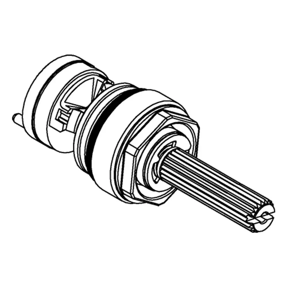 GROHE Aquadimmer, ein Bestandteil für Thermostat-Batterien, zeigt eine rotierende Mechanik zur Regelung des Wasserflusses. Entwurf mit klaren Linien und einem praktischen Anschluss.