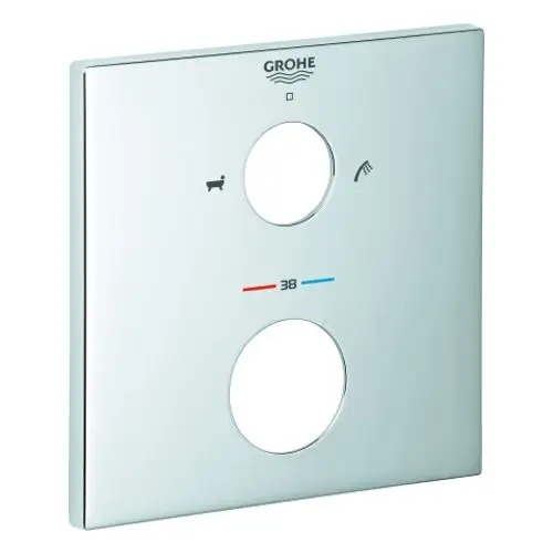 Helle, eckige Steuerblende aus Metall von Grohe mit zwei runden Ausschnitten, einem Symbol für Badewanne und einem für Dusche, sowie Temperaturanzeige in Rot und Blau.