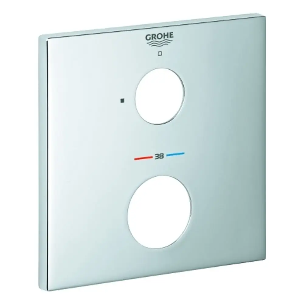 Grohe Rosette mit zwei runden Ausschnitten und Temperaturanzeige in rot und blau. Die Oberfläche ist glänzend und rechteckig.
