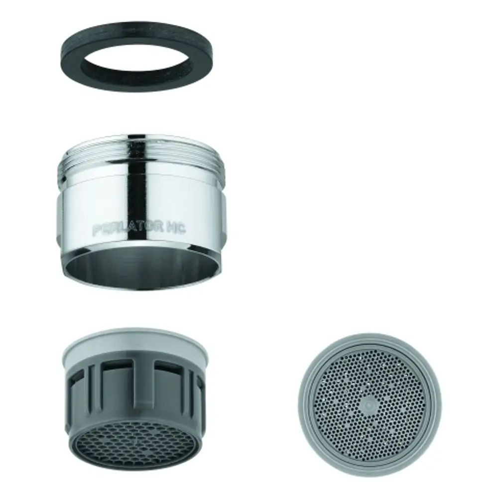Grohe-Produkt bestehend aus mehreren Komponenten: einem metallischen Gehäuse, einem schwarzen Dichtungsring, einem grauen Einsatz und einer perforierten Abdeckung.