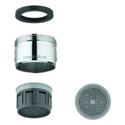 Grohe-Produkt bestehend aus mehreren Komponenten: einem metallischen Gehäuse, einem schwarzen Dichtungsring, einem grauen Einsatz und einer perforierten Abdeckung.