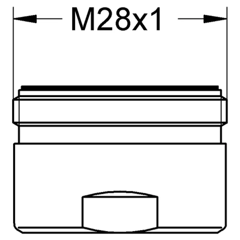 Grohe Produktzeichnung eines zylindrischen Elements mit Gewinde, M28x1. Das Bild zeigt Ansichten und Maße für eine präzise Identifikation.