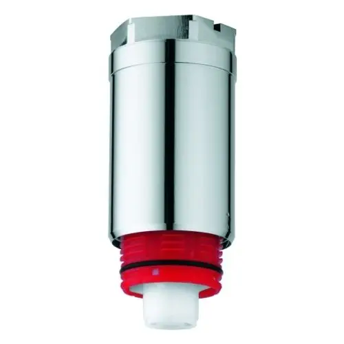 GROHE Kartusche mit metallischem Gehäuse und rotem Kunststoffteil, geeignet für ein UP-Durchgangsventil, in einem klaren Design.