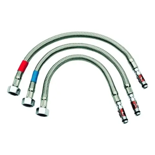 GROHE Anschlussschlauchset mit drei flexiblen, metallisch ummantelten Schläuchen in unterschiedlichen Längen, mit farbkodierten Enden für einfache Identifikation.