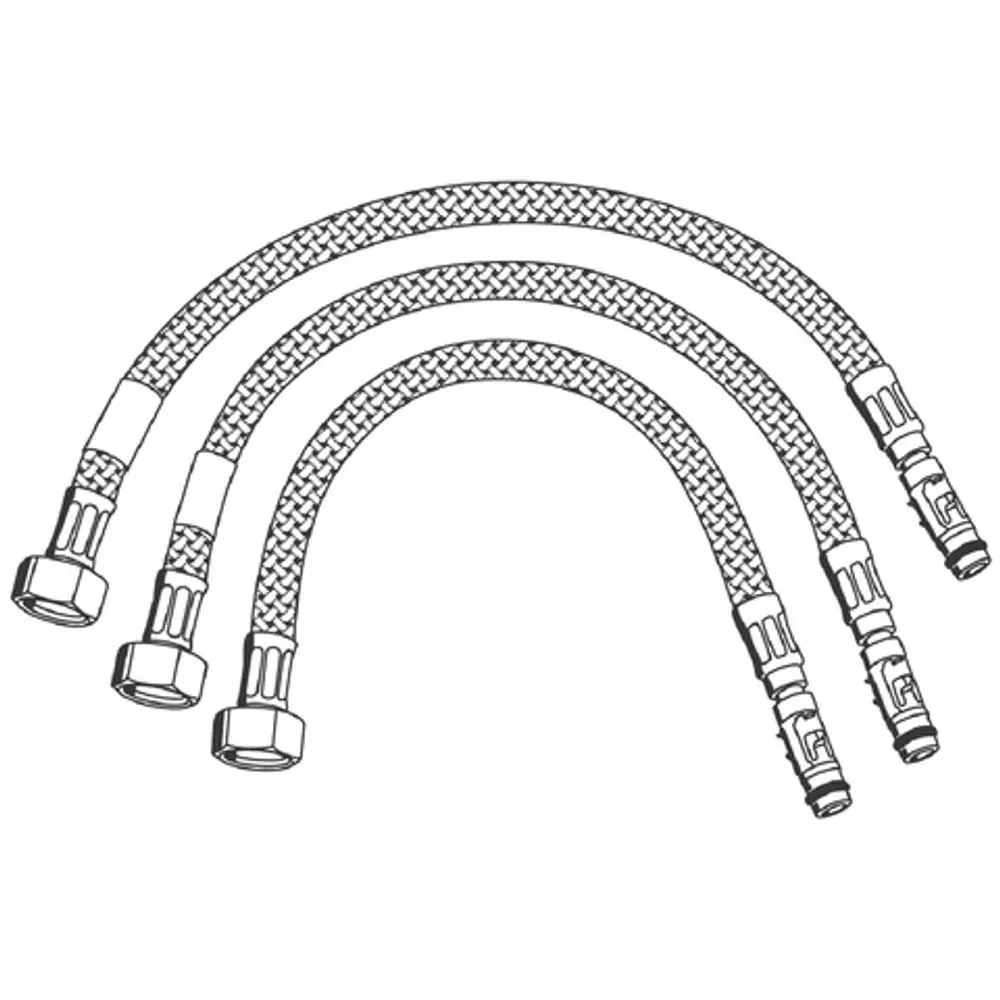 Set von Grohe-Anschlussschläuchen mit flexibler, geflochtener Ummantelung und Gewinden an beiden Enden, geeignet für Wasseranschlüsse.