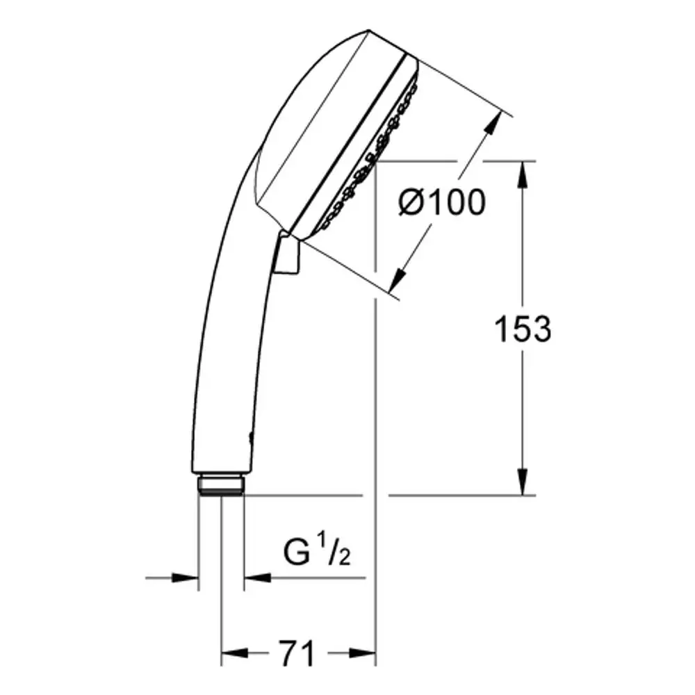 Handbrause von Grohe, mit einem verchromten Design und einem weißen Brauseboden. Abmessungen und Anschlussdetails sind im technischen Zeichnungsstil dargestellt.
