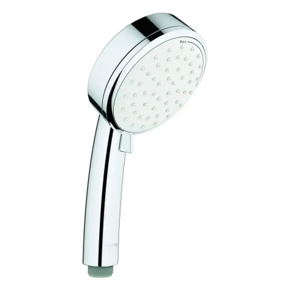 Handbrause mit verchromtem Griff und weißem Brauseboden, hergestellt von Grohe, ausgestattet mit mehreren Strahlfunktionen und einer Durchflussmenge von 5,7 l/min.