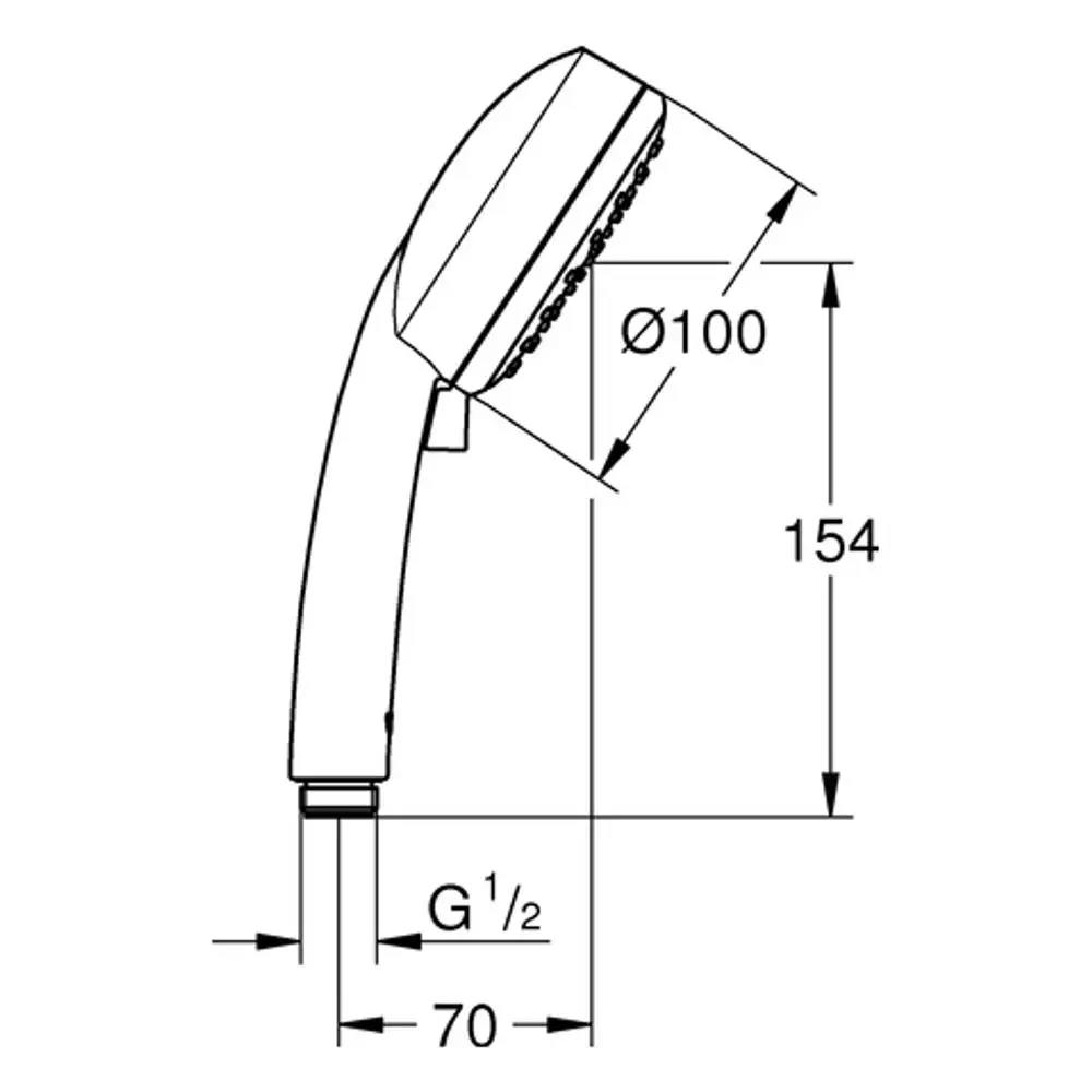 Handbrause von Grohe mit einem runden Kopf von 100 mm Durchmesser, Langlebig und funktional, mit standardisiertem Anschluss G 1/2 und einem einstellbaren Wasserstrahl.