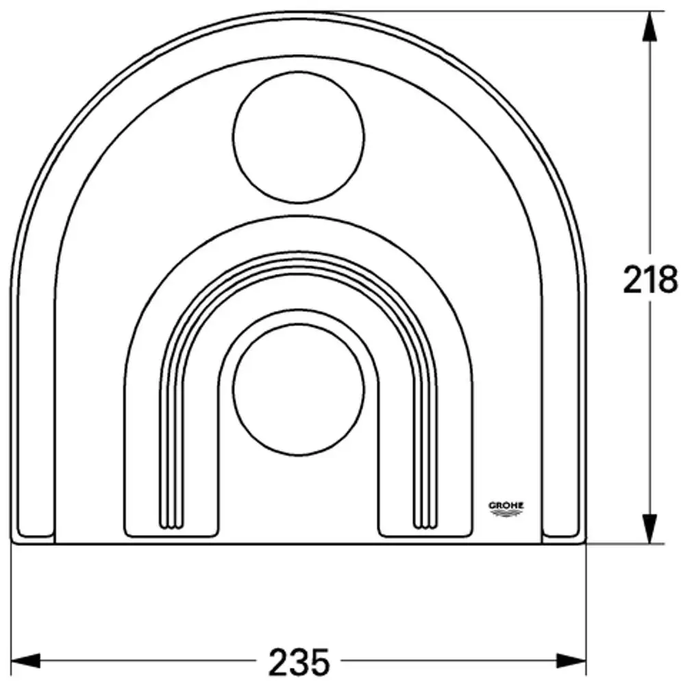 Grohe Rosette in runder Form mit zwei kreisförmigen Ausschnitten, dargestellt in einem technischen Diagramm, zeigt die Maße und Konturen des Designs.