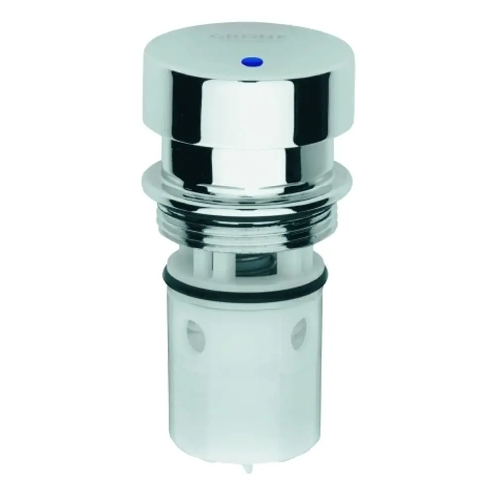 Grohe Kartusche mit blauer Markierung, geeignet für Selbstschluss-Ventile. Das Produkt hat eine chromfarbene Oberfläche und einen zentralen Druckknopf.