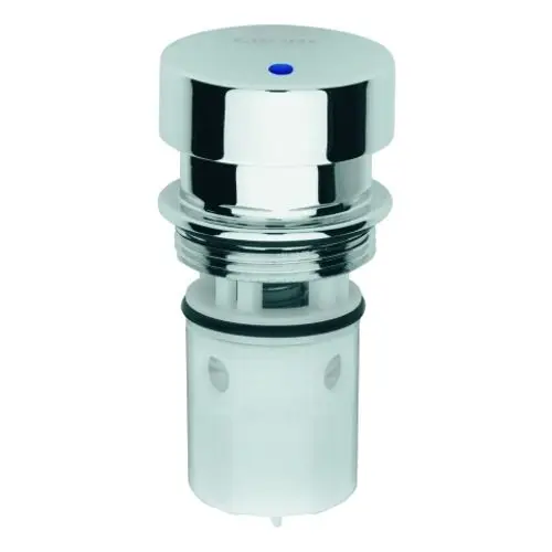 Grohe Kartusche mit blauer Markierung, geeignet für Selbstschluss-Ventile. Das Produkt hat eine chromfarbene Oberfläche und einen zentralen Druckknopf.