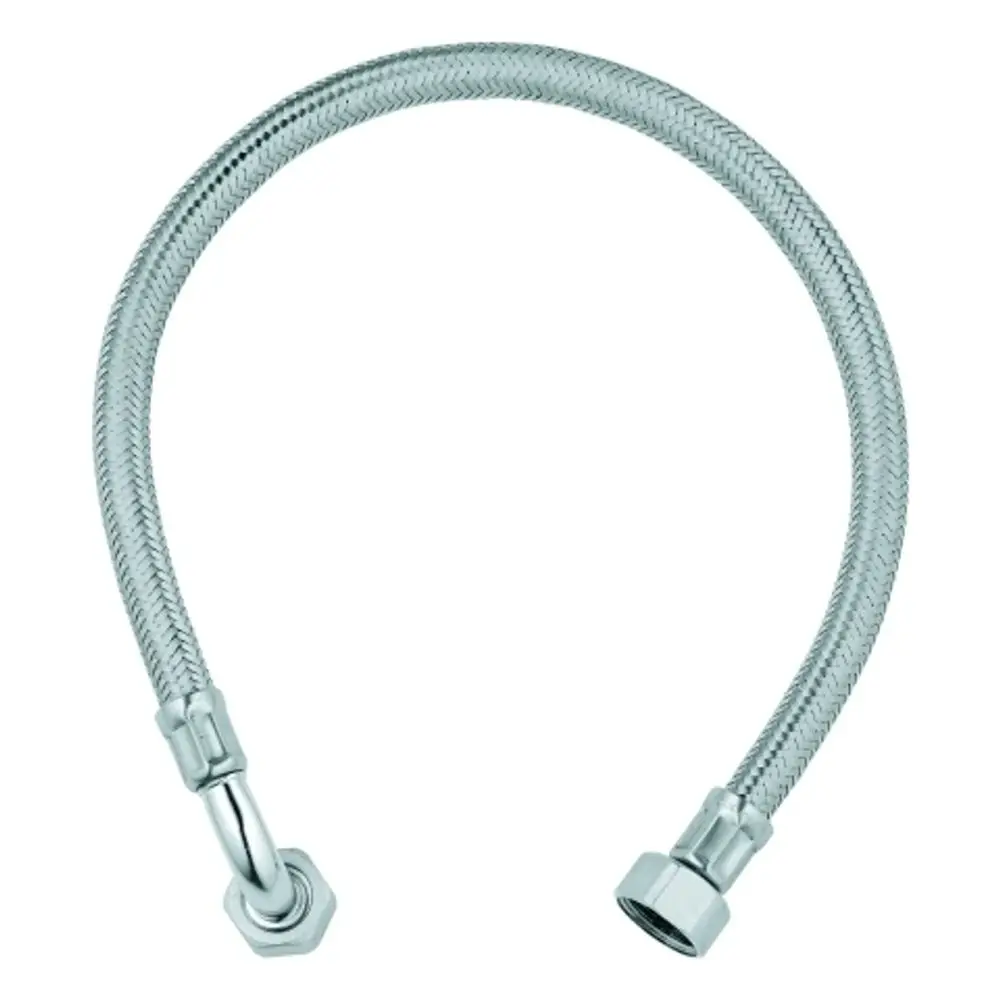 GROHE Anschlussschlauch mit flexibler Metallummantelung, einem abgewinkelten und einem geraden Anschluss. Geeignet für Wasseranschlüsse in Sanitäranlagen.