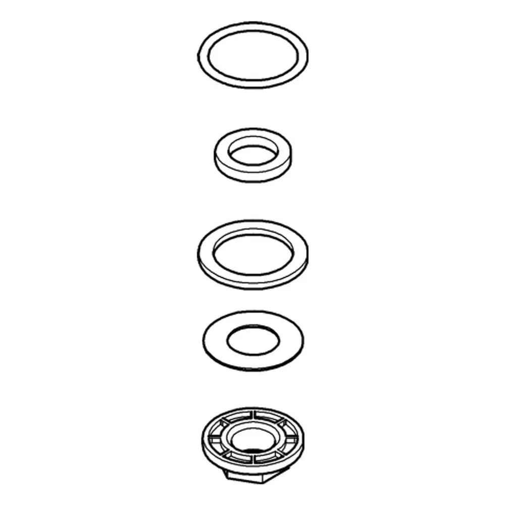 Grohe Bauteile zur Verschraubung, angeordnet in einer vertikalen Reihe. Bestehend aus unterschiedlichen runden Ringen und einer Basis mit Befestigungsdetails.
