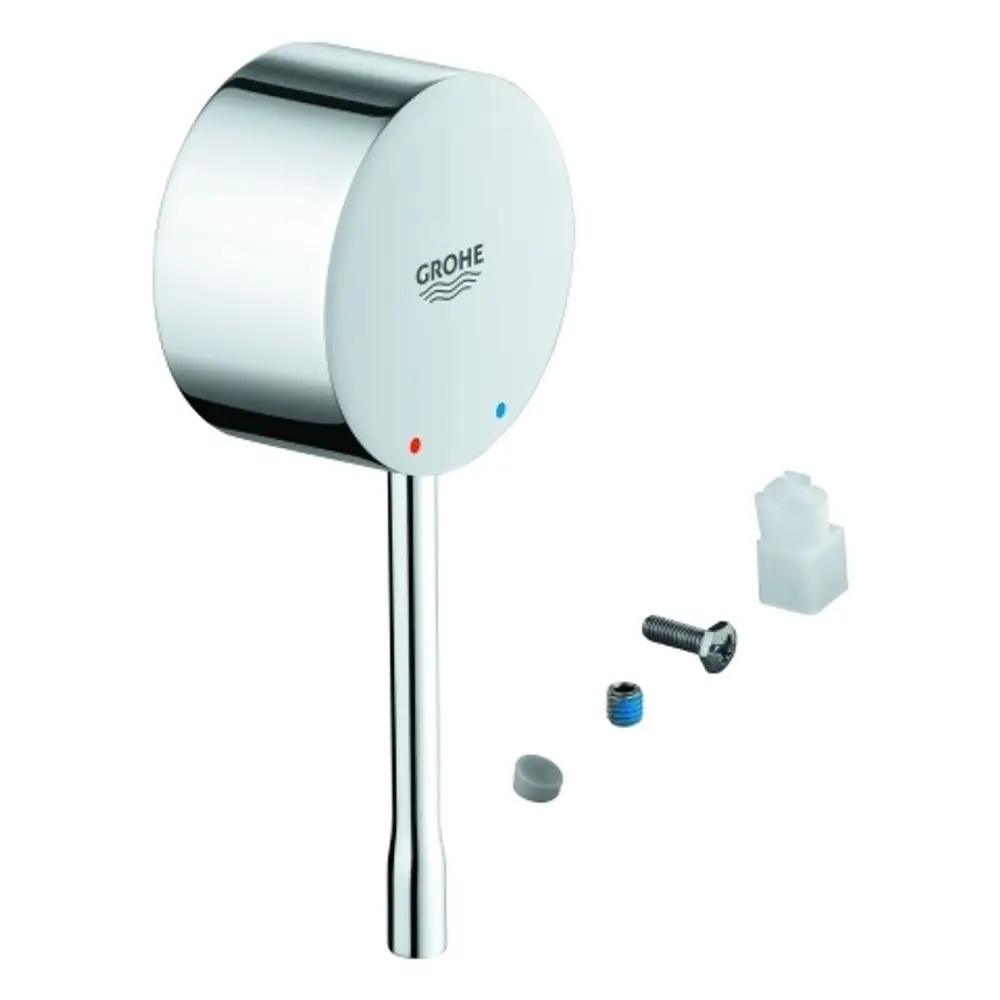 Grohe-Hebel mit einem runden, verchromten Kopf, versehen mit blauen und roten Markierungen. Daneben befinden sich Montageschraube, Unterlegscheibe und ein Verbindungselement.