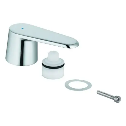 Chromfarbener Grohe-Wasserhahn-Griff mit abgerundeter Form, einem Kegelanschluss und Zubehörteilen wie Dichtung, Unterlegscheibe und Schraube.