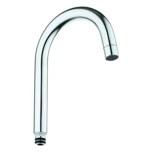 Heller, glänzender Wasserhahn von Grohe mit gebogenem Auslauf. Das Design ist einfach und funktional, ohne zusätzliche Elemente.
