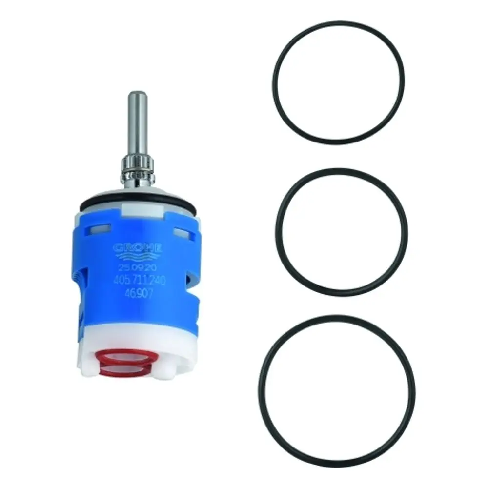 GROHE Kartusche mit einem blauen Körper, einem Metallstift und zwei schwarzen O-Ringen, geeignet für Einhandmischer und mit keramischem Dichtungssystem.