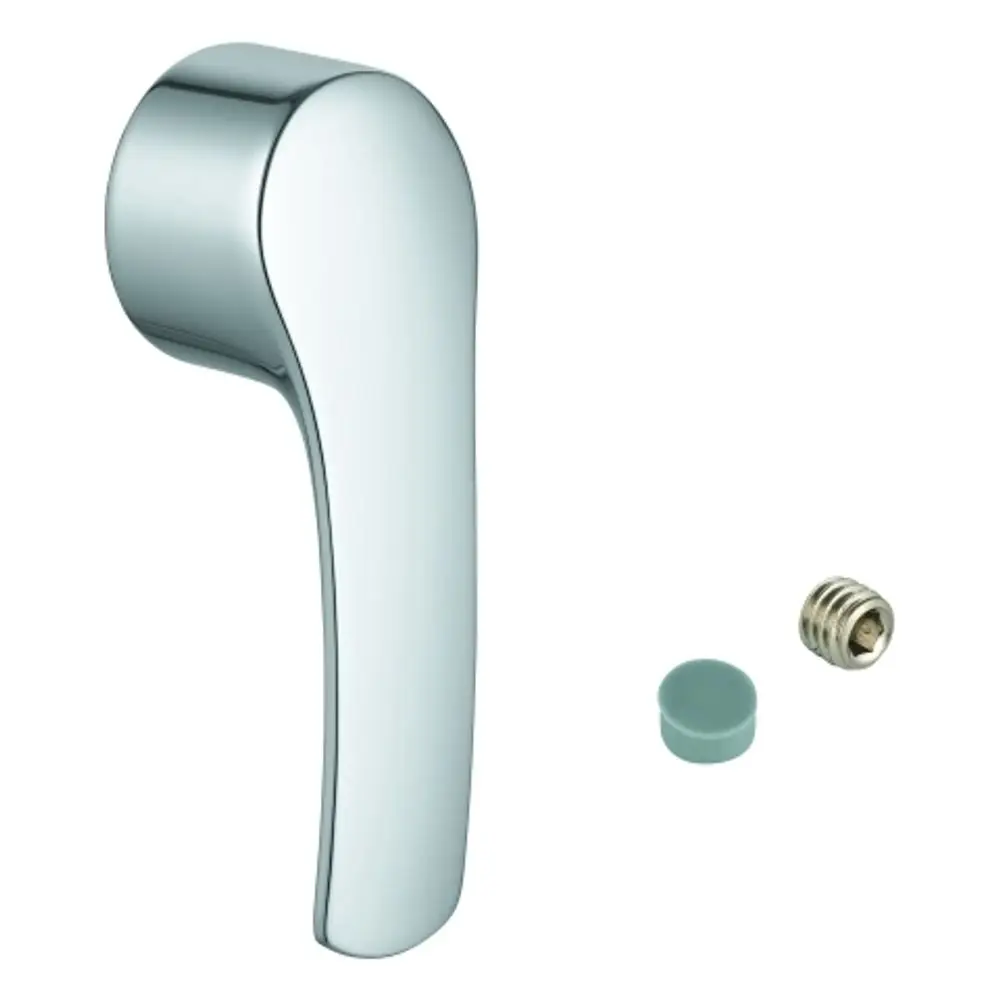 GROHE Hebelgriff in verchromter Ausführung, mit einem runden Kopf und einem geschwungenen Griff, neben einer Schraube und einer Abdeckkappe.