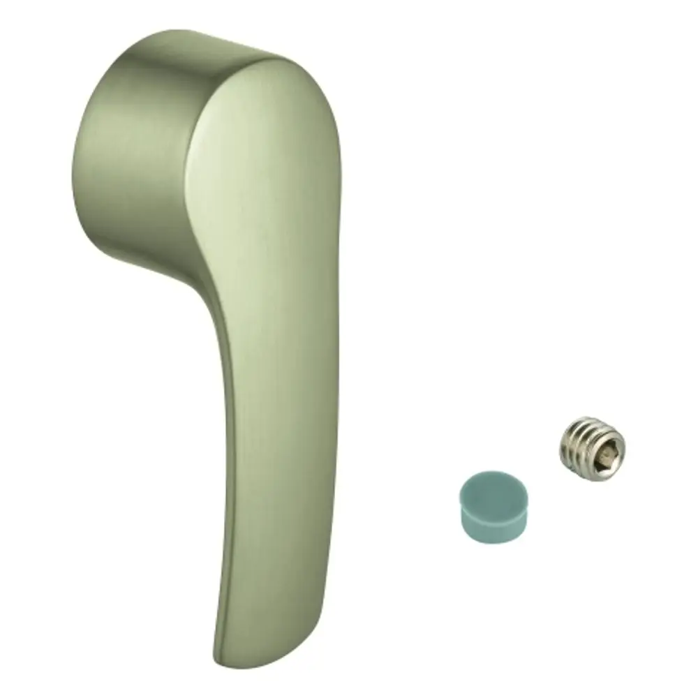 GROHE Hebelgriff in gebürstetem Nickel mit einem montierten Schraubengewinde und einem blauen Abdeckstopfen. Ideal für Armaturen in modernen Badezimmern.