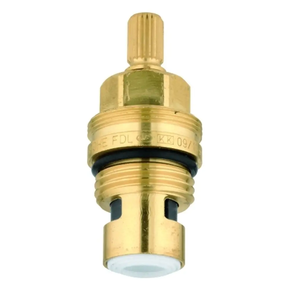 Grohe Ventileinsatz aus Messing mit verstellbarem Kopf, O-Ring für Dichtheit und Wasserabflussöffnungen an der Unterseite, geeignet für Sanitärinstallationen.