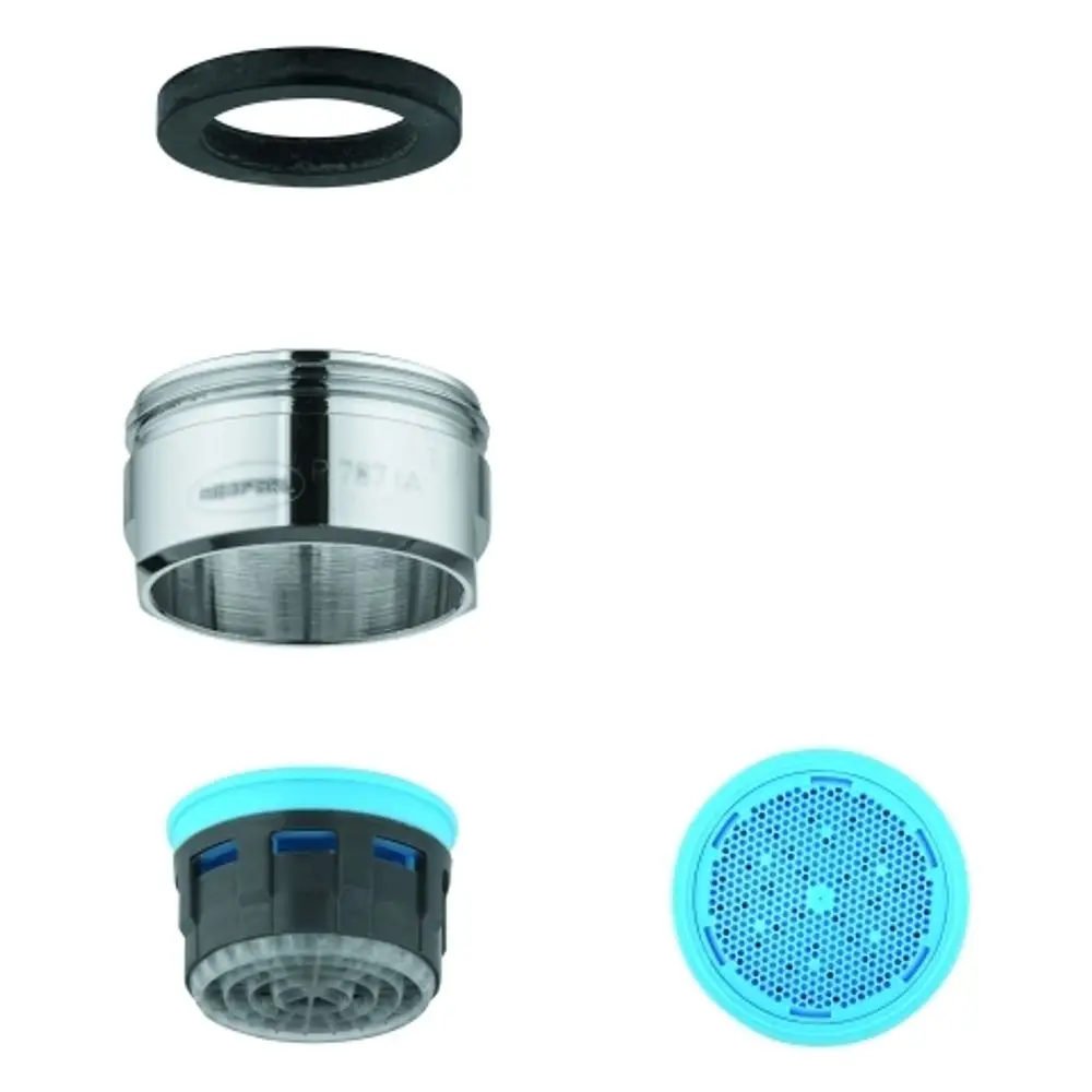 GROHE Komponente in Chrom-Finish, bestehend aus einem runden Gehäuse mit Dichtungsring und einem inneren Teil mit perforierter Struktur für Wasserstrahlregulierung.